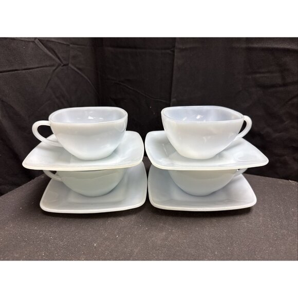 4 FIRE KING Delphite Blue Azurite Charm Square Tea/Coffee Cup & Saucer Sets - Picture 3 of 6